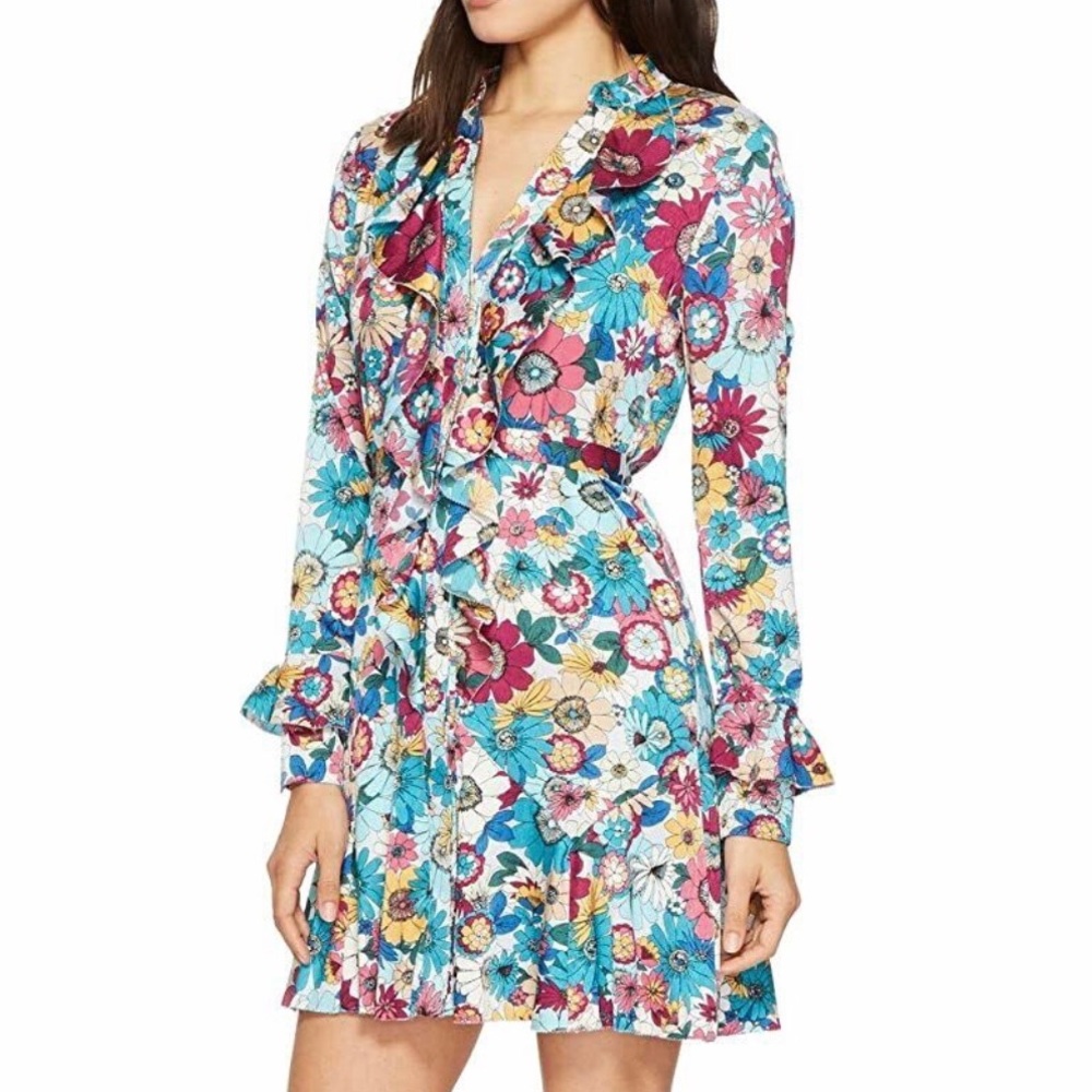LAUNDRY BY SHELLI SEGAL GODET FLORAL SATIN TIE WAIST DRESS